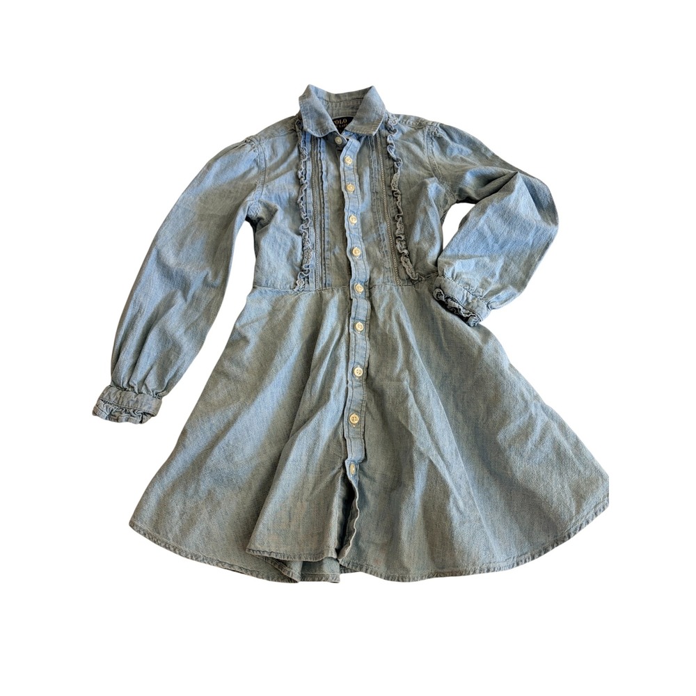 Polo Ralph Lauren Girls' Ruffled Cotton Chambray Denim Dress Long Sleeve Size 7
